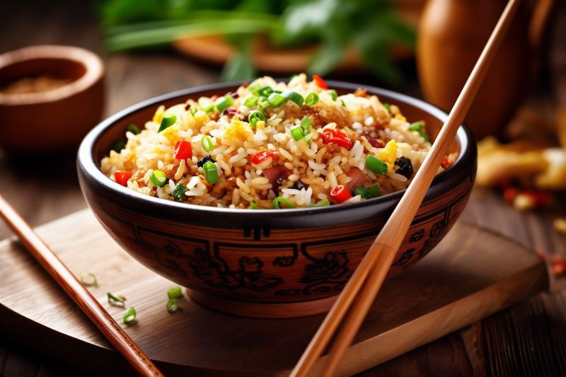 fried asian meal rice dinner vegetable rice eat chinese healthy food. Generative AI.