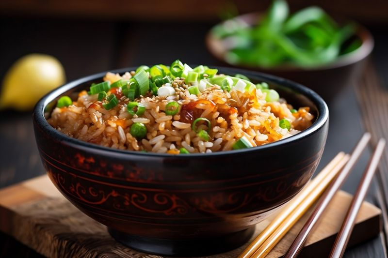 meal chinese eat healthy food asian dinner vegetable rice fried rice. Generative AI.