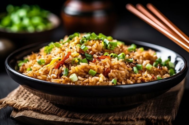 eat chinese food rice dinner fried vegetable asian healthy rice meal. Generative AI.