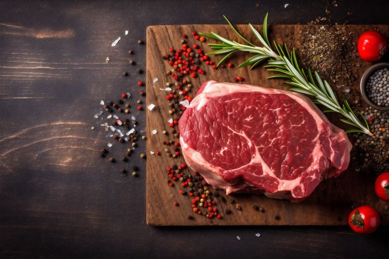meat red grill background fried steak raw food beef dark board. Generative AI.