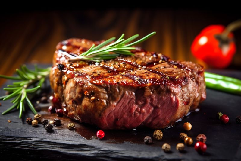 fried red meat beefsteak beef steak raw grill background dark food. Generative AI.