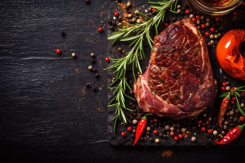 raw steak dark background meat grill fried red food beef cooked. Generative AI.