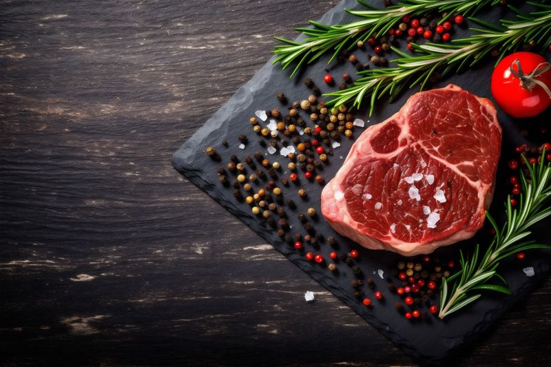 grill red fried raw dark meat food beef steak background herb. Generative AI.