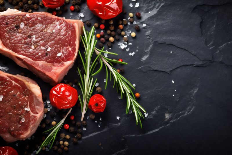 fried red background dark grill meat herb raw food steak beef. Generative AI.