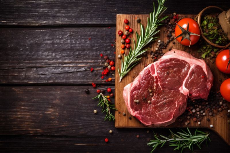 grill meat red background dark beef steak raw food salt fried. Generative AI.