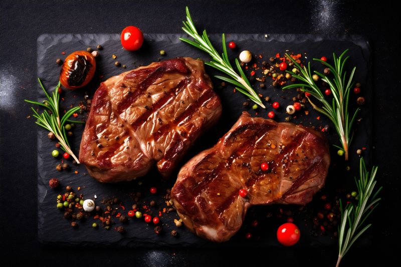 fried beef red steak meat background grill raw dinner food dark. Generative AI.