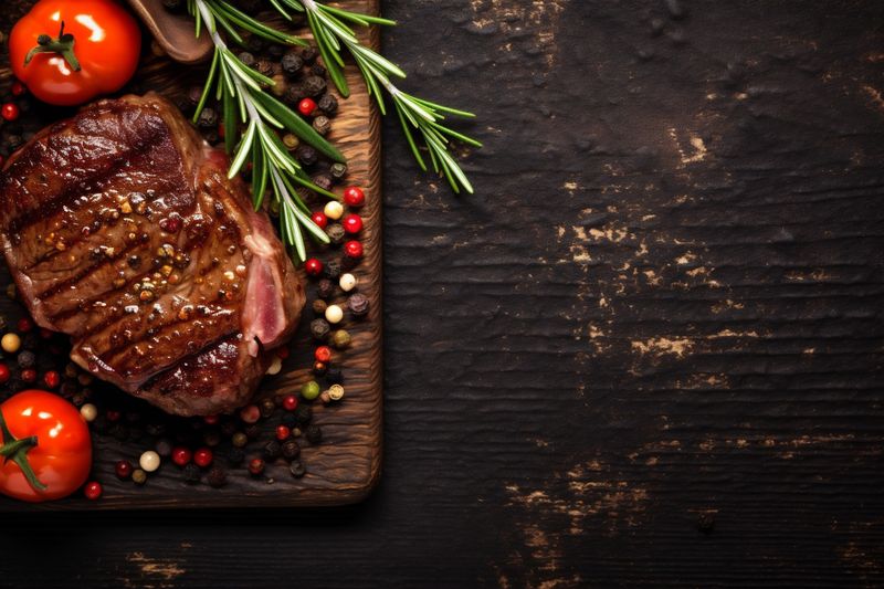 grill herb red background steak dark beef meat raw fried food. Generative AI.