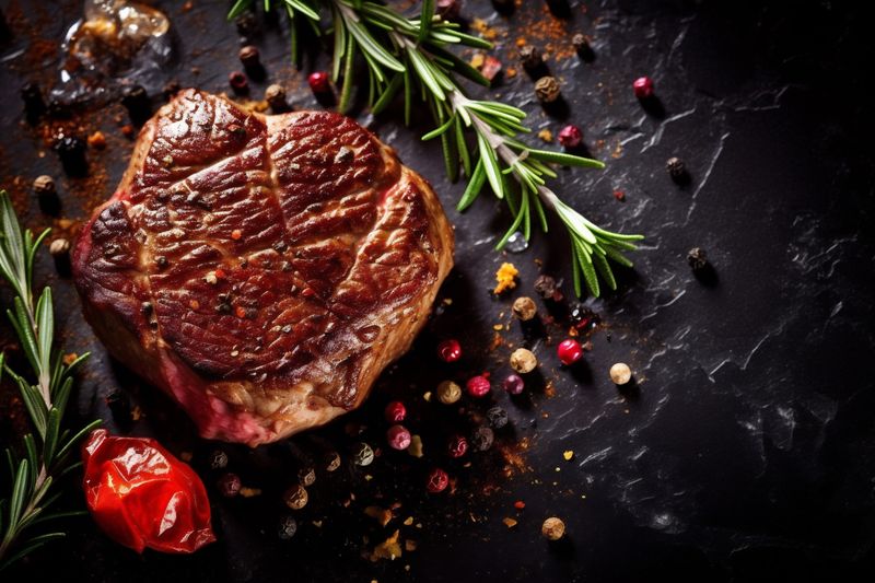 grill food beef red steak raw fried background dark smoke meat. Generative AI.