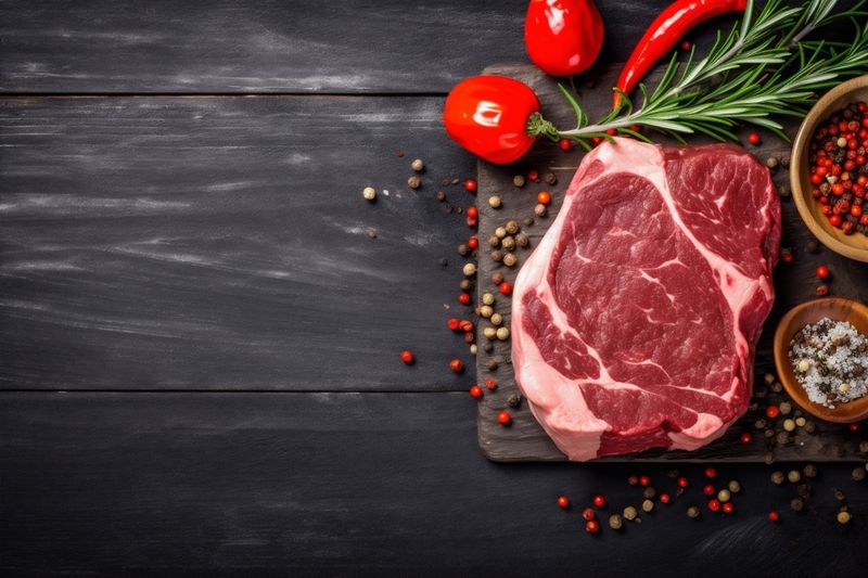 ribeye raw grill background red dark fried beef meat steak food. Generative AI.