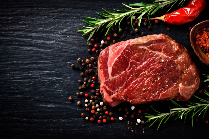 fried beef grill steak dark meat bar-b-q red food raw background. Generative AI.