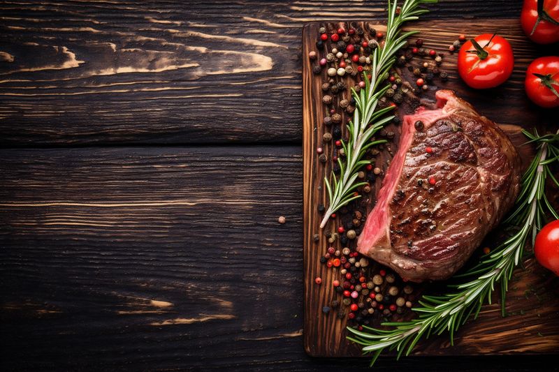 cut red raw meat steak grill dark food fried background beef. Generative AI.