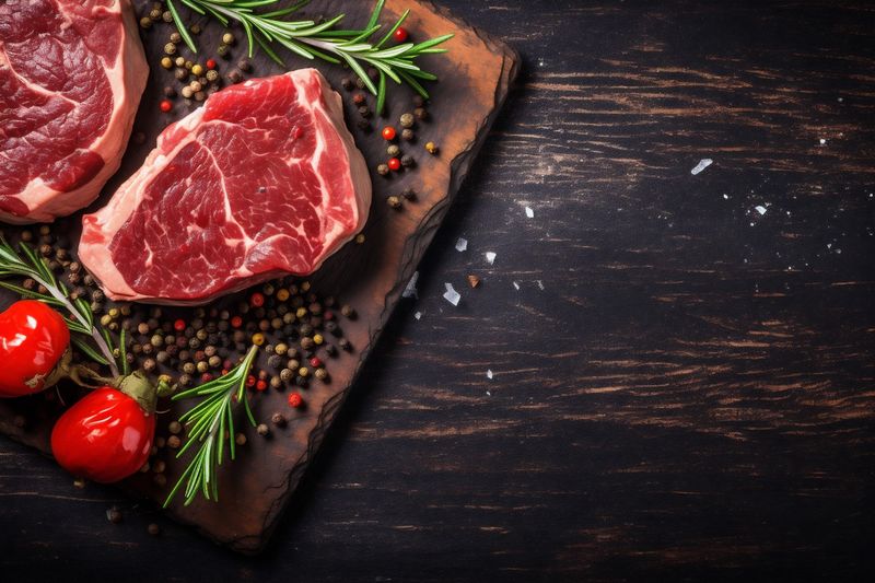 raw steak top grill dark red fried background meat beef food. Generative AI.