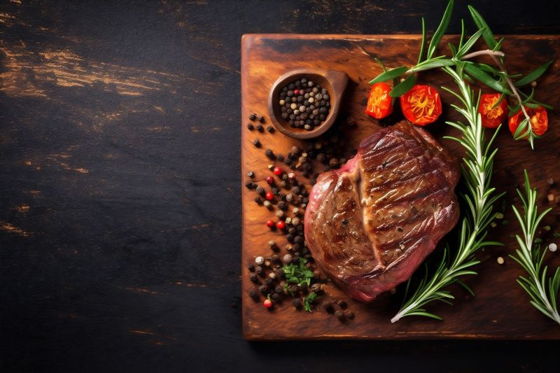 red background food beef dark grill steak slice raw fried meat. Generative AI.