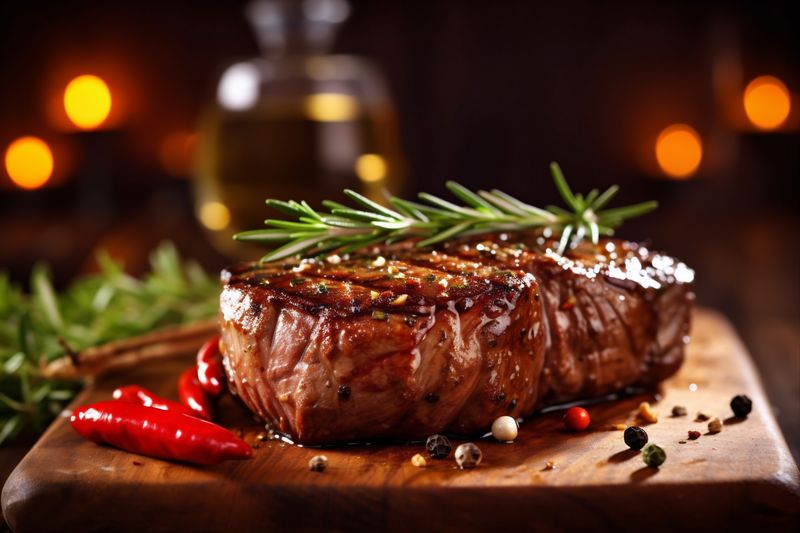 dark food grilled grill red background steak beef raw fried meat. Generative AI.