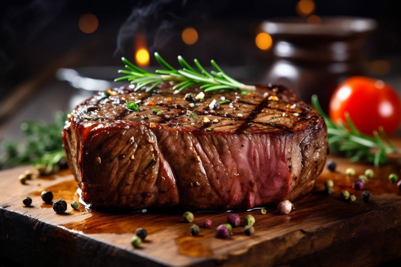 raw red rosemary fried meat beef food dark grill background steak. Generative AI.