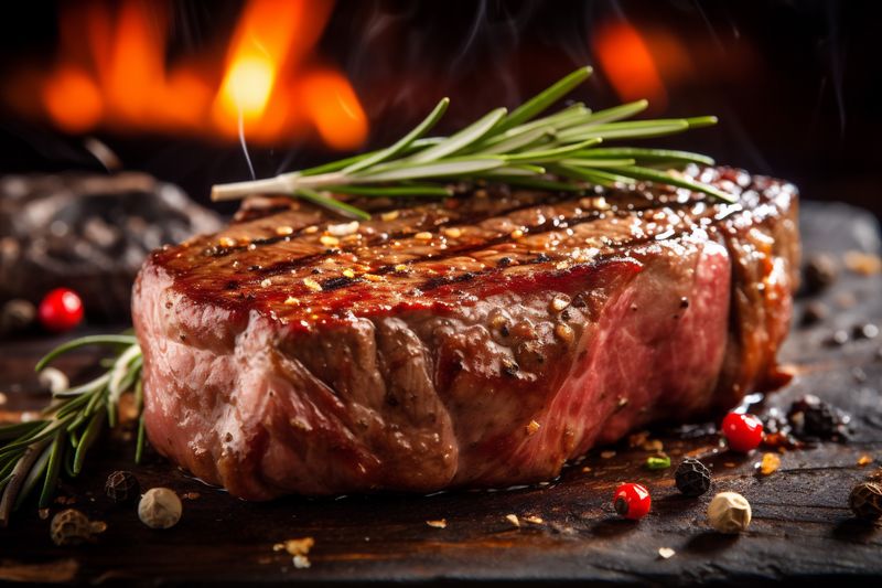 grill raw beef fried food red steak wooden dark meat background. Generative AI.