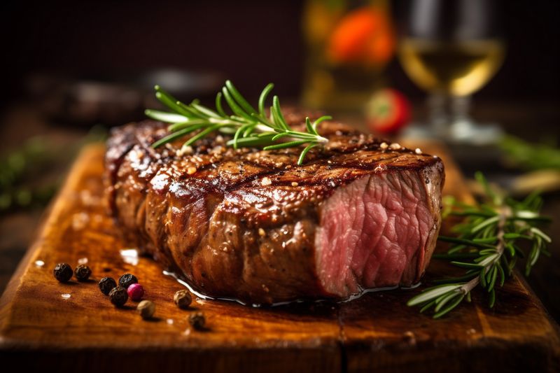 food fried steak red grill meat raw meal dark beef background. Generative AI.