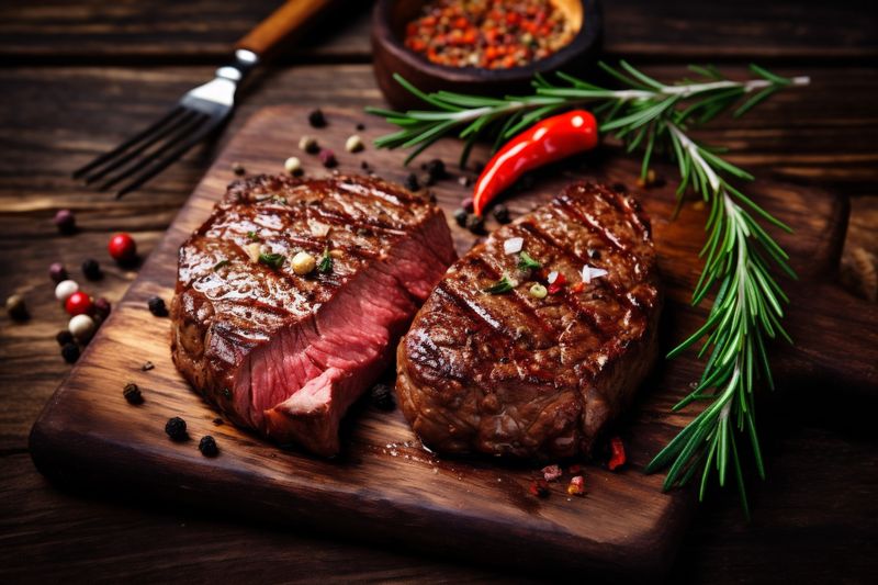 meat fire beef dark fried background red raw food grill steak. Generative AI.