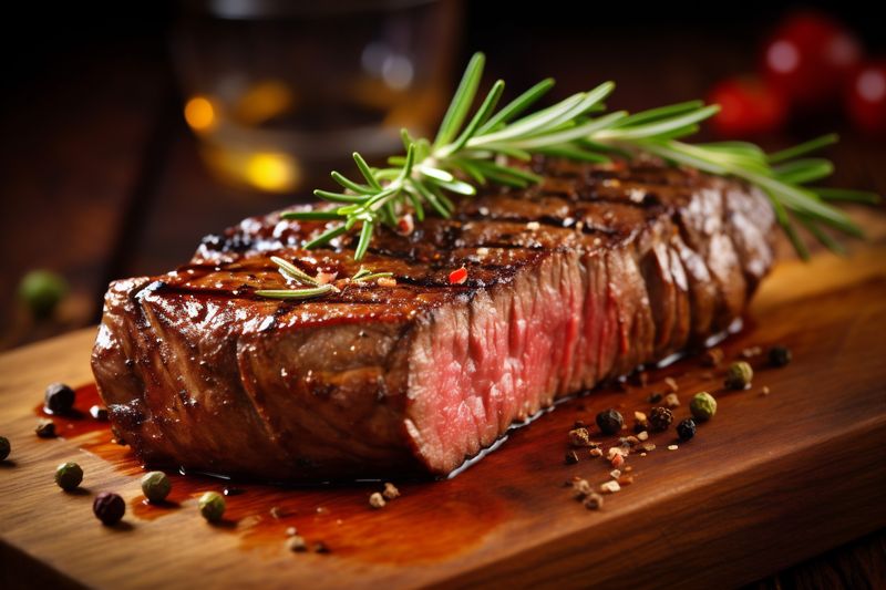 steak red background fried meat food raw dark herb beef grill. Generative AI.