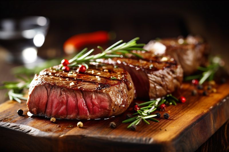 fried meat raw roast background food dark beef steak grill red. Generative AI.