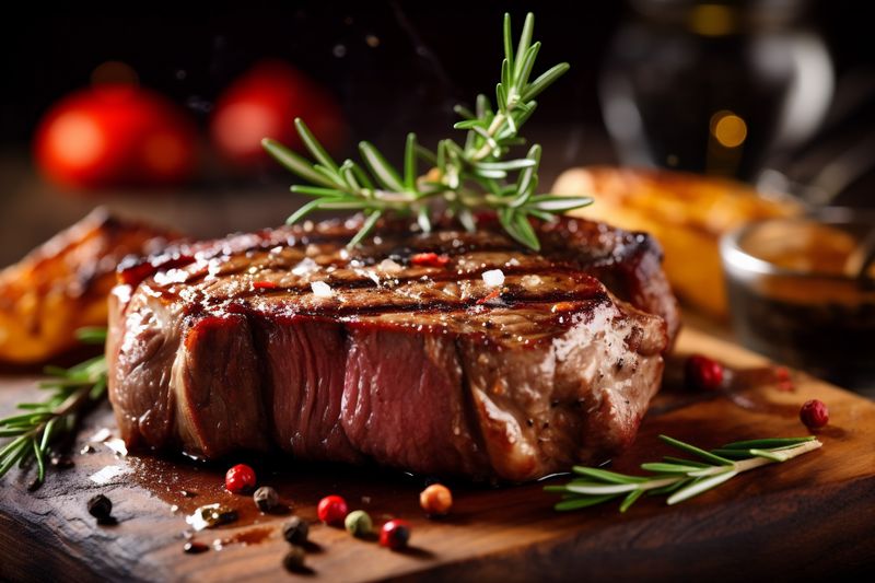 grill fried beef red raw background dark food steak spice meat. Generative AI.