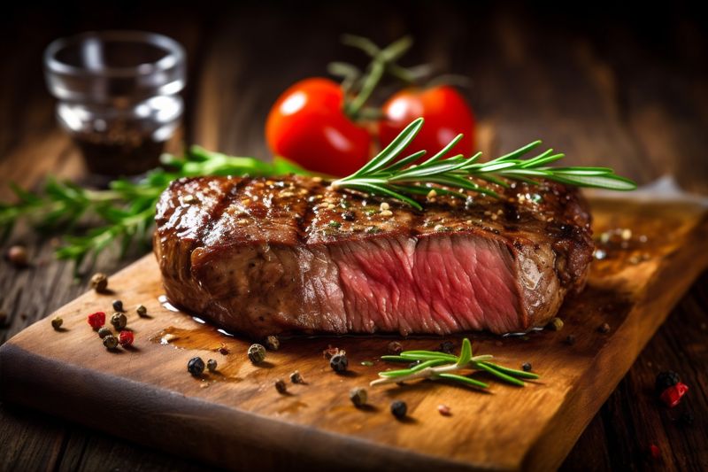 food background dark grill red beef fried chop raw meat steak. Generative AI.