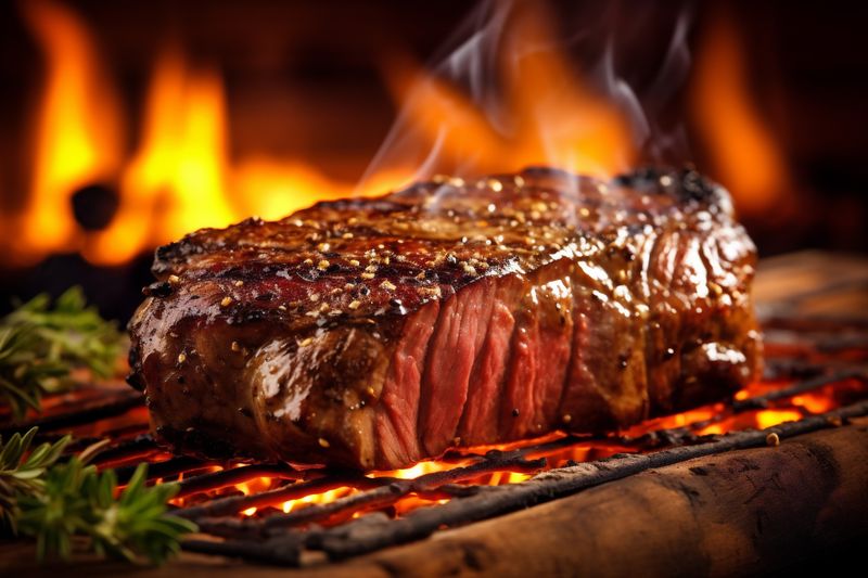 raw dark background steak meat red ribeye beef food grill fried. Generative AI.