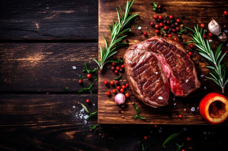 food grill dark board background beef raw steak fried meat red. Generative AI.