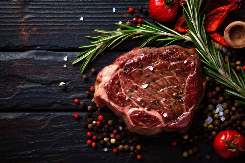 beef red background food steak grill ribeye meat dark fried raw. Generative AI.