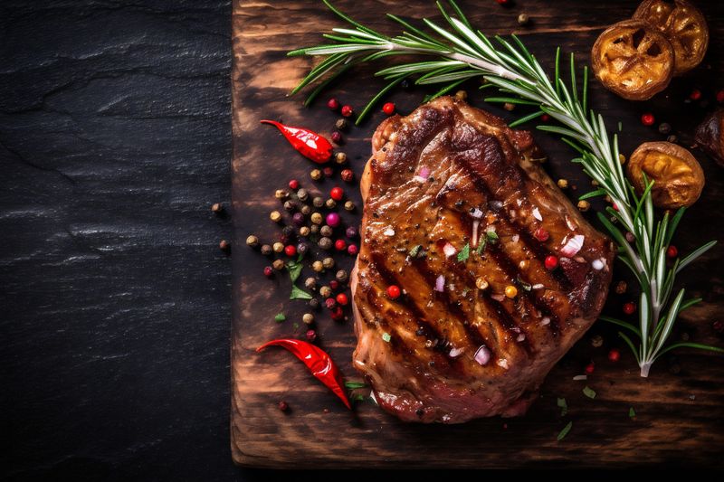 background grill red fried beef bbq food raw dark meat steak. Generative AI.