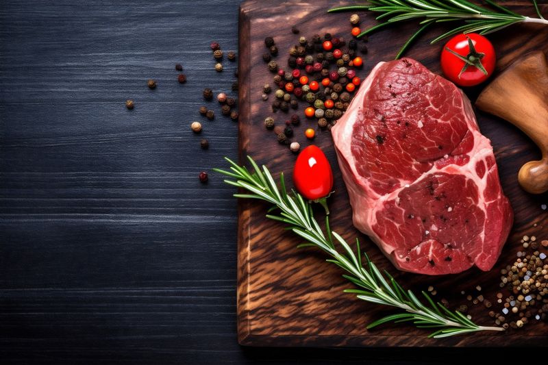 background red dark fried raw beef meat grill steak food ingredient. Generative AI.