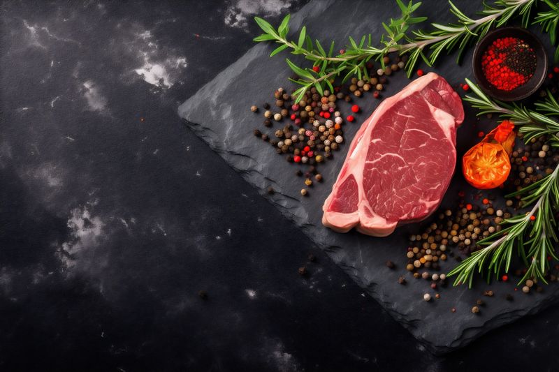 grill background steak red dark meat pork beef fried food raw. Generative AI.