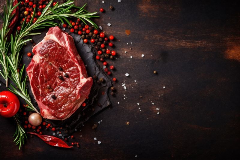 background grill fried meat board red dark raw beef food steak. Generative AI.