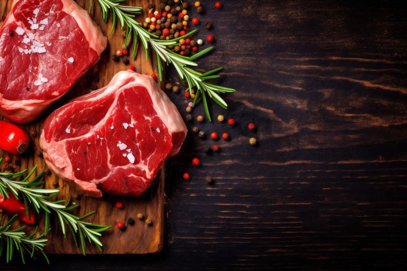 meat fried beef fillet red dark grill steak raw food background. Generative AI.