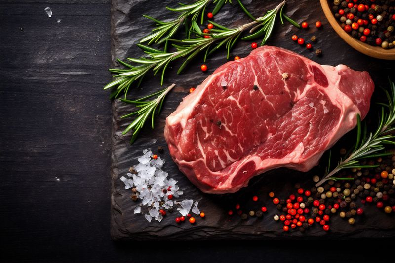 grill dark cooked meat steak beef background raw food red fried. Generative AI.