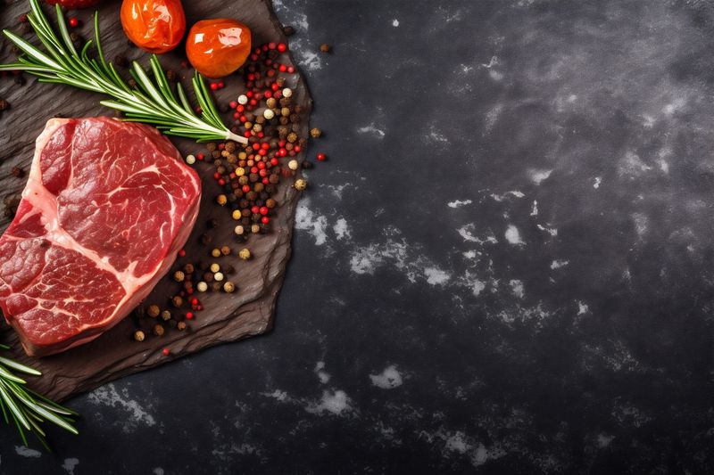 red grill chop steak background food fried raw beef meat dark. Generative AI.