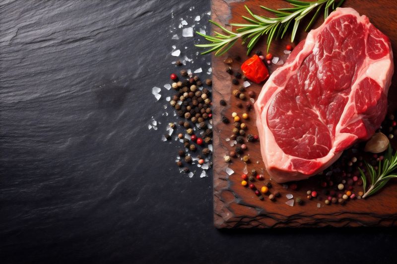 red steak roast meat beef background dark grill fried raw food. Generative AI.