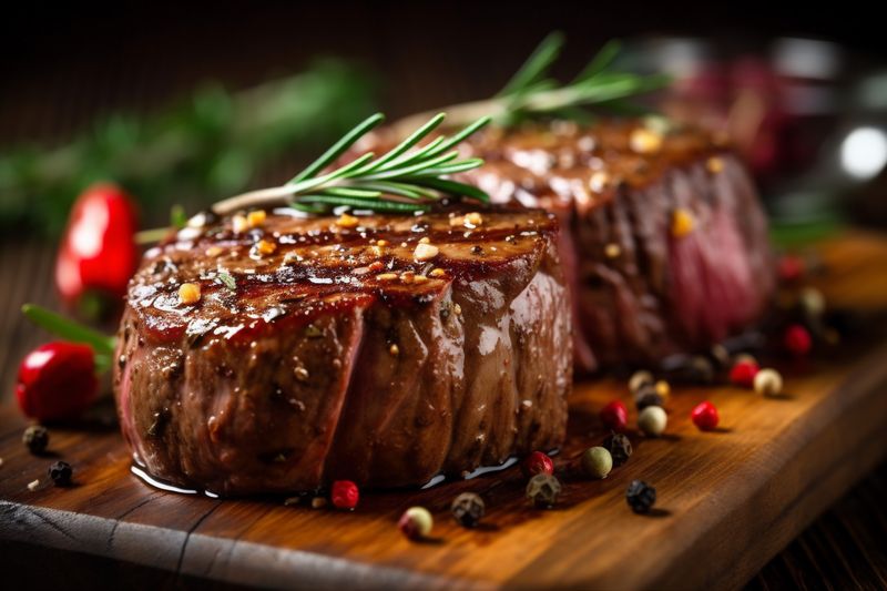 beef fried spice food dark background meat raw red steak grill. Generative AI.