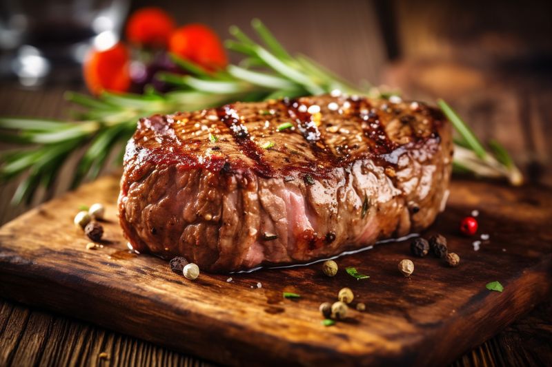 cooked food meat background steak raw fried beef dark grill red. Generative AI.