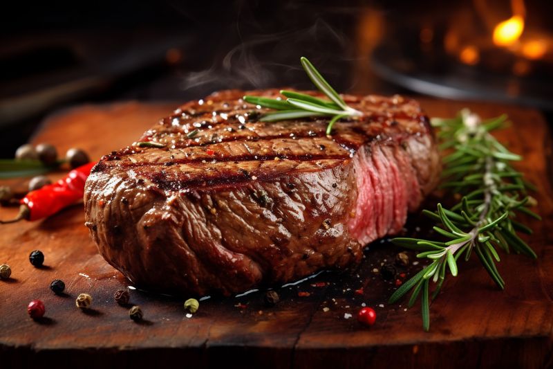 fried background red food grill steak dark meat raw top beef. Generative AI.