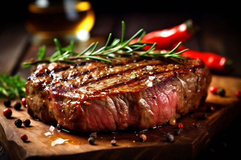 beef tasty grill fried meat steak red background dark food raw. Generative AI.