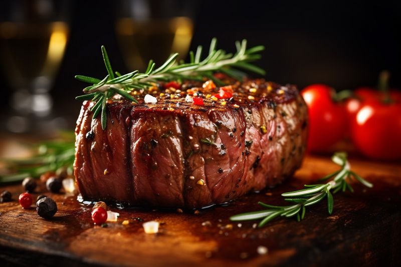 raw steak beef fried food grill dark ingredient meat red background. Generative AI.