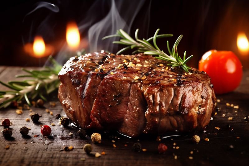 meat grill food background slice dark beef red fried raw steak. Generative AI.