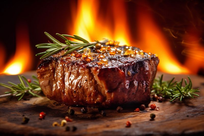 fried background meat pork grill steak beef raw red dark food. Generative AI.