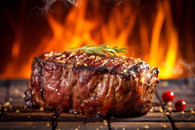 food beef grill dark red raw steak meat fried background wooden. Generative AI.