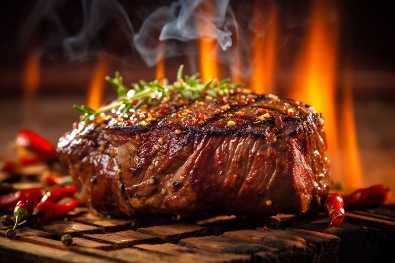 grill steak dark raw beef background fried roast red food meat. Generative AI.