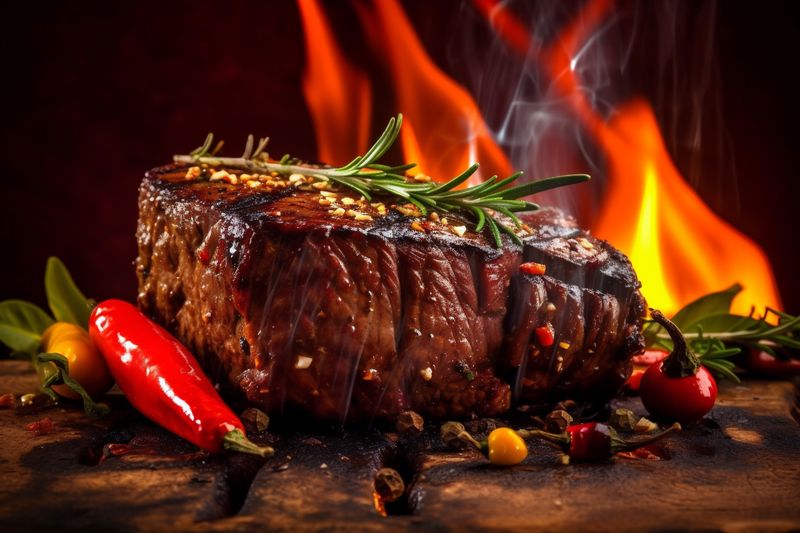 grill raw steak food background roast red beef meat dark fried. Generative AI.