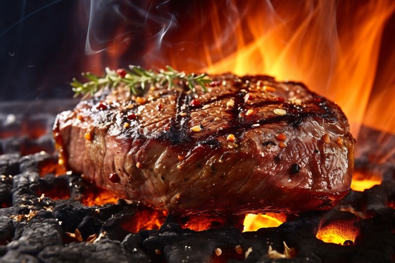 fried meat background dark steak beef red grill fresh food raw. Generative AI.