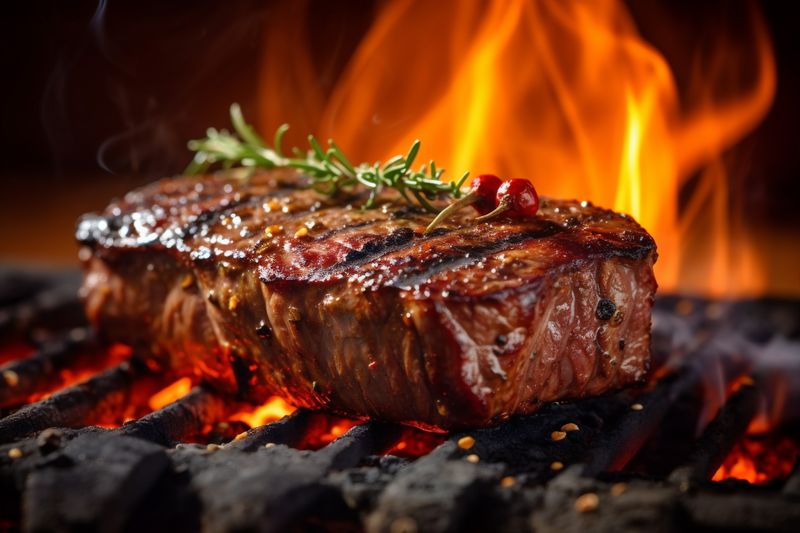 grill meat background dark wooden raw steak fried beef food red. Generative AI.