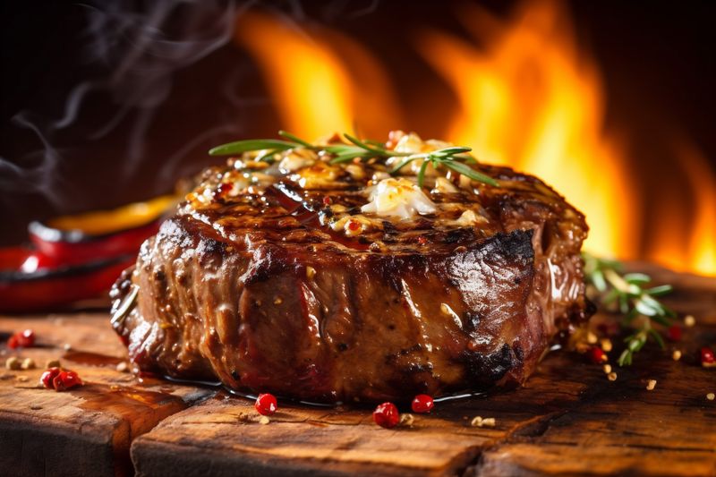 food grill meat fried raw steak background red fire dark beef. Generative AI.